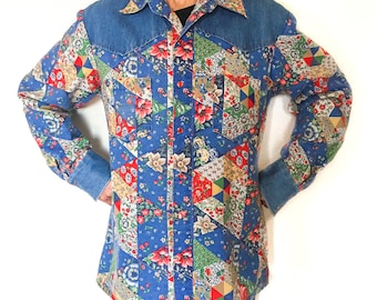 Vintage denim patchwork shirt, hand sewn western shirt, size Large