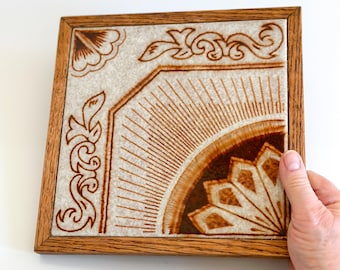Vintage Wood Framed Ceramic Art Tile 1970s
