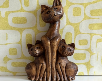 Vintage Carved Wood Cat Trio, Mother Cat with Kittens Statue 12.5" tall
