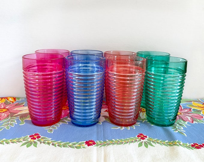 Vintage Ribbed Plastic Drinking Glasses, Pastel Tumblers Made in USA