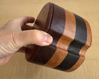 Layered Turned Wood Circular Box with Lid, Handmade Trinket or Jewelry Box