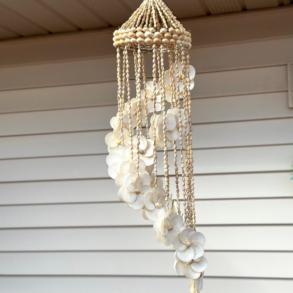 Vintage Shell Flower Chandelier 32"  Made in the Philippines, Indoor Outdoor Boho Decor