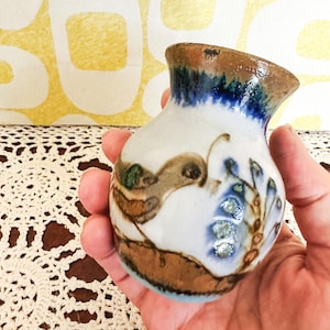 Mexican Tonala Ceramic Pottery Vase, Signed and Original Label, Folk Art Made in Mexico, Bird, Butterfly, Flowers