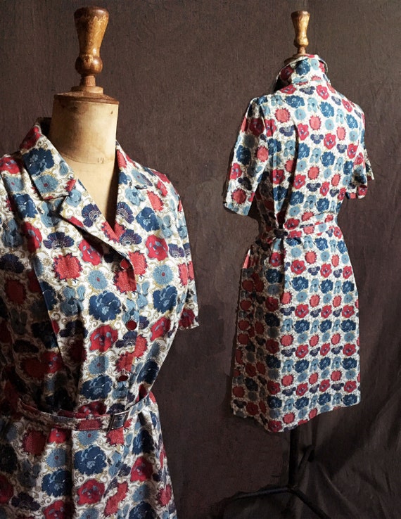 1950s cotton printed day dress with belt volup