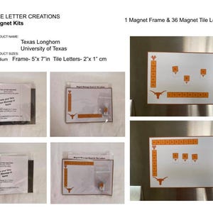 May include: A white magnetic message board with a Texas Longhorn logo and orange tile letters. The board is 5 inches by 7 inches and the letters are 2 inches by 1 centimeter. The board is shown on a stainless steel refrigerator.