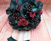 Gothic Silk Bouquet and Button hole, Burgundy and Black wedding flowers