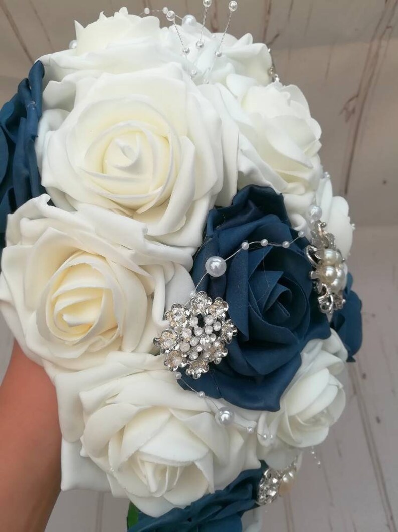 Teardrop wedding bouquet package navy blue and white flowers Etsy