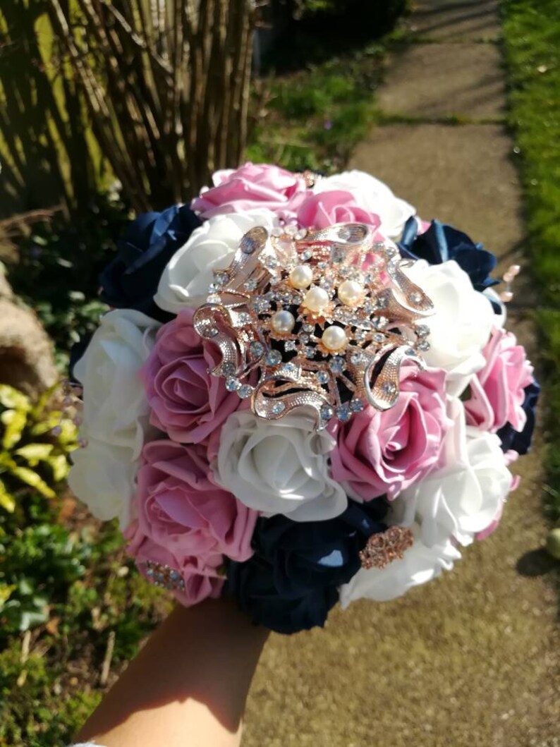 Rose gold navy blue pink and white wedding bouquet package