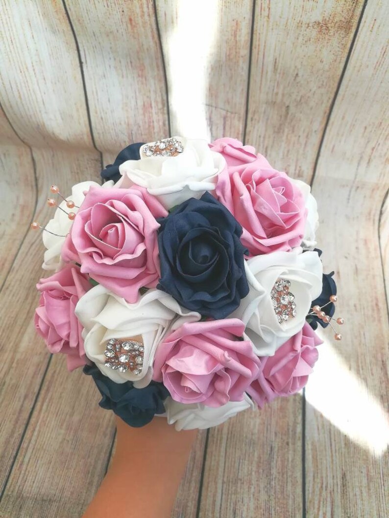 Rose gold navy blue pink and white wedding bouquet package