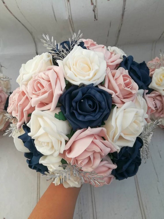Vintage Rustic Style Wedding Bouquet Package Navy Blue Blush Etsy