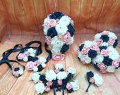 Teardrop wedding bouquet package, navy, gold and pink flowers, brooch bouquet