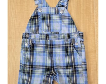 Vtg 2006 Gymboree Blue Plaid Baby Boy Overalls Shortalls 6-12 Months 100% Cotton