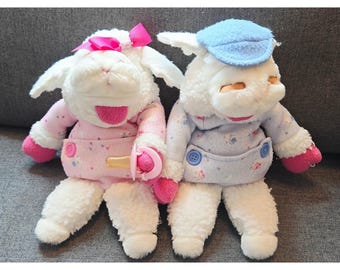 Burattini a mano vintage Shari Lewis Baby Lamb Chop da 12 pollici, rosa e blu, 1990