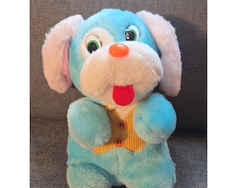 Vintage Cuddle Med Blå Hundvalp Plysch Rosa Öron Gul Väst 8 Tum
