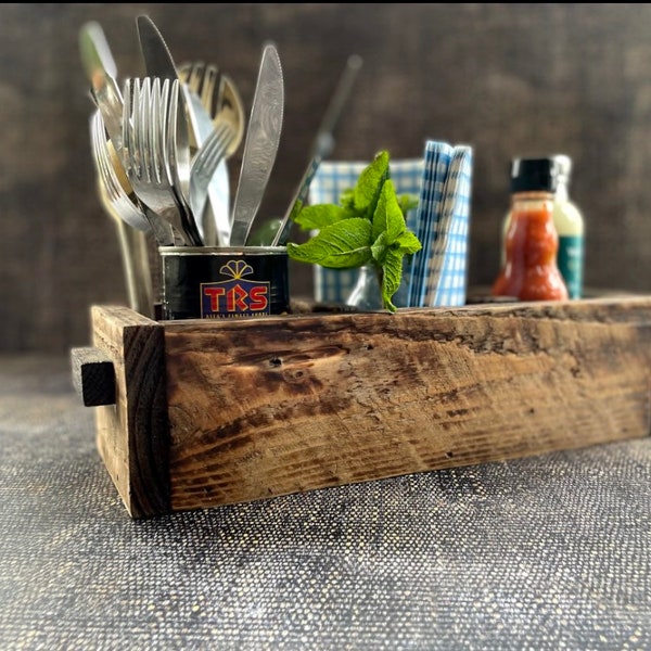 Rustic wooden cutlery and condiment caddy box.