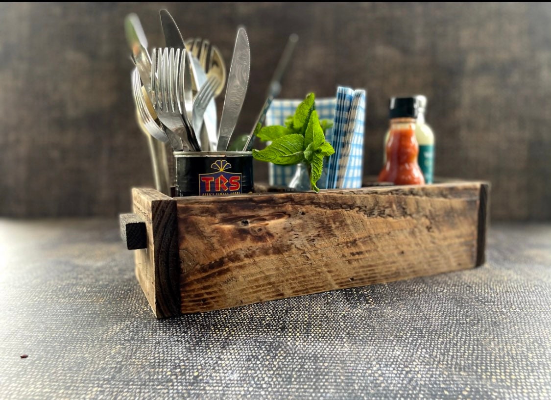 Rustic Wooden Cutlery and Condiment Caddy Box. Etsy UK