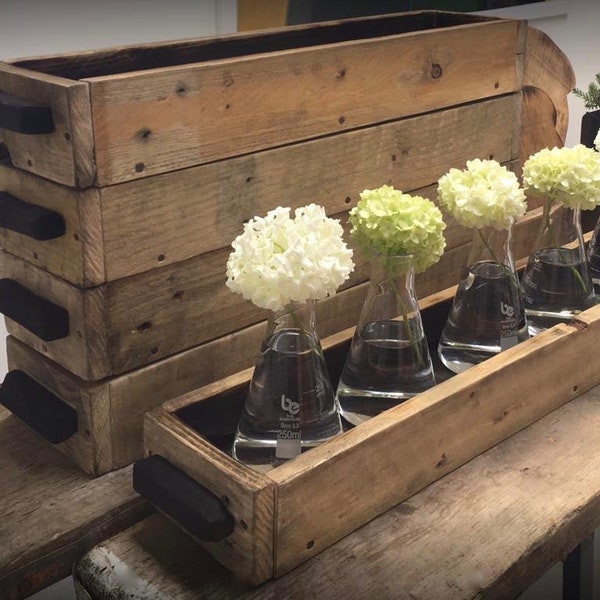 Handmade wood  table centerpiece box reclaimed pallet wood trough ,charred edges ,flower and candle display table decoration