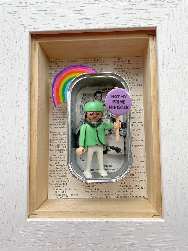 Political artwork Shadow box art altered tin assemblage NHS rainbow Found object art Framed home decor Quirky home decor