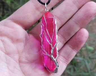 Titanium Pink Wire Wrapped Large Aura Quartz Crystal Tree of Life Pendant Necklace - Grounding Necklace - Self Confidence - Relaxation