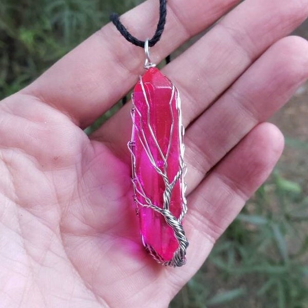 Titanium Pink Wire Wrapped Large Aura Quartz Crystal Tree of Life Pendant Necklace