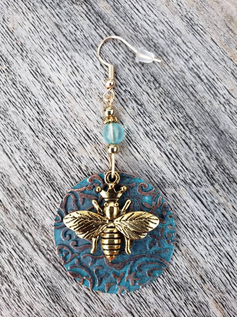 Gold Bumble Bee Bronze Dangle Drop Earrings Insect Earrings Bee