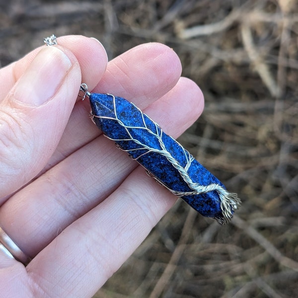 Genuine Blue Lapis Lazuli Crystal Point Tree of Life Wire Wrapped Pendant Necklace