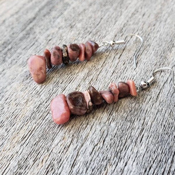 Pink Rhodonite Stone Dangle Drop Earrings - Dangly Earrings - Everyday Earrings - Energy Balancing - Gift For Her