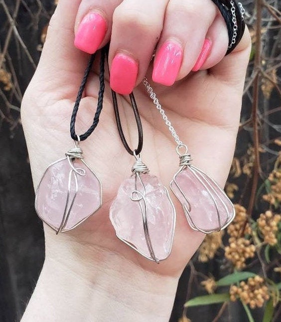 Raw Rose Quartz Crystal Pendant Pink Necklace - Heart Chakra - Handma…
