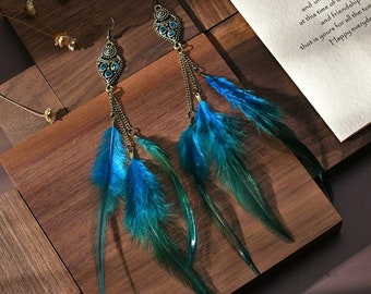 Bohemian Large Feather Large Dangle Drop Funky Earrings