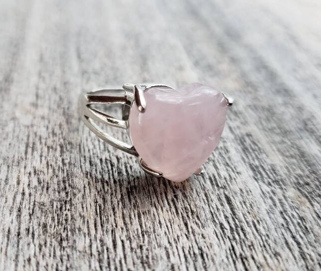 Rose Quartz Crystal Ring - Heart Shape Light Pink Adjustable Dainty R…