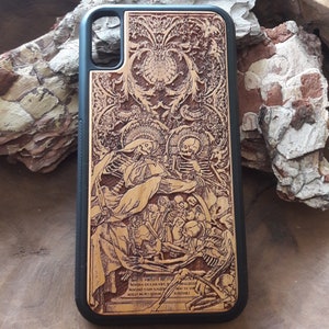 Laser Engraved Wood Phone Case iPhone X, 11, 12, 13, 14, Samsung Note 9, 10, 20, S9, 10, 20, 21, 22, Skeletons, Unique Gift