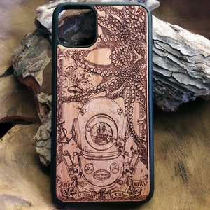 Funda de madera grabada con láser para iPhone 13, 14, 15, 16, Samsung S21, 22, 23, 24, 25 y otros, ideal para buceadores de aguas profundas y buceadores con casco.