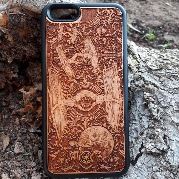 Coque de portable en bois gravé au laser pour iPhone X, 11, 12, 13, 14, Samsung Note 9, 10, 20, S9, 10, 20, 21, 22, Tie Fighter