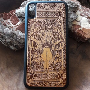 Laser Engraved Wood Phone Case iPhone X, 11, 12, 13, 14, Samsung Note 9, 10, 20, S9, 10, 20, 21, 22, Deer Skull, European Mount