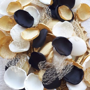 Black, Gold & White Satin Petals Golden Hearts, Elegant Wedding Flower Girl Petals Gold Party Supplies Gatsby Wedding Southern Chic Wedding