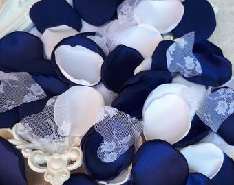 Navy Blue, White Satin Rose Petals & Lace  Lace Hearts Handmade Satin Rose Petals Wedding Decoration Flower Girls Basket Table Topper Party