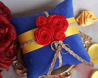 Beauty and The Beast  Wedding Ring Pillow Beauty Wedding Blue Ring Bearer Pillows With Red Roses Ring Bearer Pillow Ring Cushion Pillows