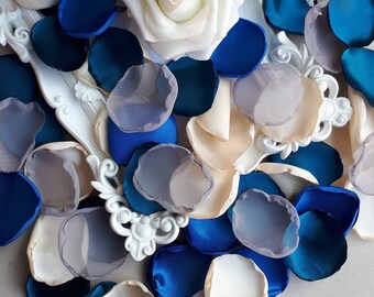 NEW Ivory Royal Blue and Teal Handmade Satin Rose Petals Winter Wedding Bridal Shower Blue Decor Flower Girl Petals  Baby Shower Petals Toss