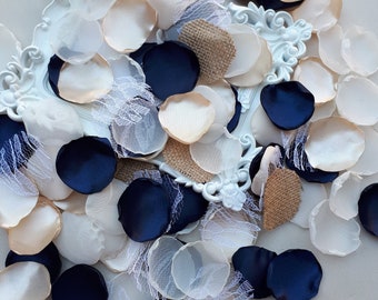 Navy Blue Rose Petals, Champagne Rose Petals, Tulle, Burlap,Lace Fake Rose Petals Wedding Decorations Flower Girl Petals Bridal Shower Decor