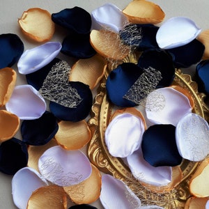 Navy Blue Gold & White Satin Petals With Golden Hearts, Elegant Wedding Flower Girl Petals Gold Party Supplies Gatsby Wedding Southern Chic