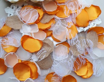 Orange Blütenblätter, Transparent Tulle, Spitze und Sackleinen Rosenblätter Herbst Hochzeit Dekorationen Land Hochzeit Dekor Blumenmädchen Blütenblätter