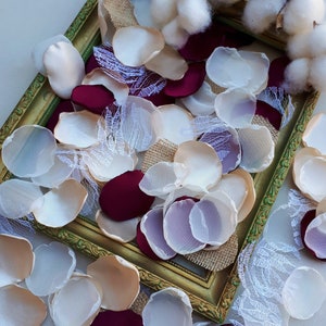 Burgundy  Petals, Champagne Rose Petals, Tulle, Burlap, Lace Flower Petals Wedding Decor Flower Girl Petals Bridal Shower Decor Fall wedding