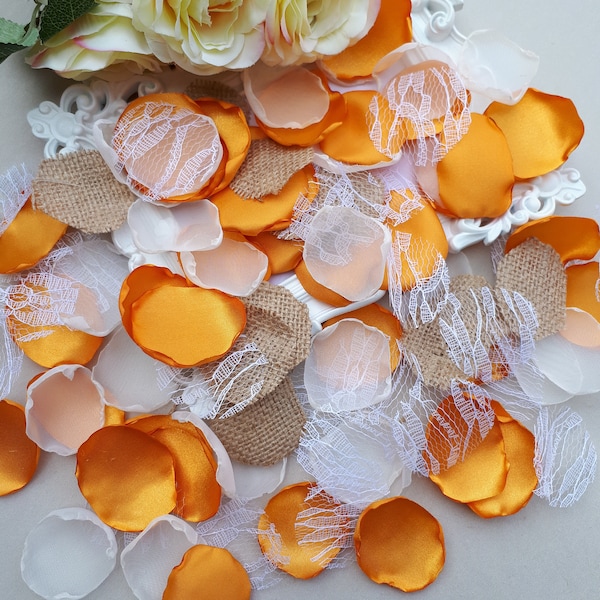 Orange Flower Petals, Transparent Tule, Lace and Burlap Rose Petals Fall Wedding Decorations Country Wedding Decor Flower Girl Petals