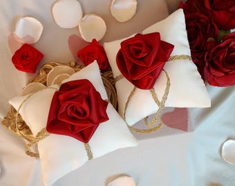 Beauty And The Beast Inspired Ring Pillows Magical Rose Ring Bearer Red and White Wedding Princess Belle Ring Pillows Fairytale Wedding Deco