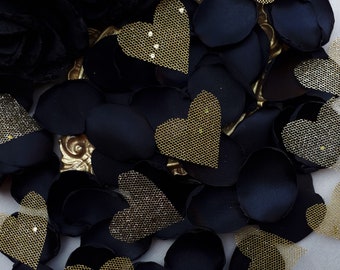 Black Rose Petals, Gold Hearts Gothic Wedding Decorations Dark Gothic Decor Flower Girl Petals Wedding Table Decor Petal Toss Bridal Shower