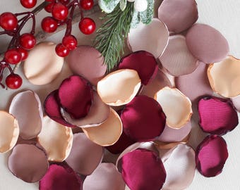 Burgundy Red Champagne Baige & Ivory Handmade Satin Rose Petals Fall Wedding Rustic Table Decoration Flower Girl Petals Party Supplies