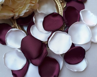Pétalos de rosa hechos a mano en color granate oscuro burdeos, pétalos de flores blancas, decoración de boda, decoración de mesa, camino de pasillo, cesta para niña de las flores.