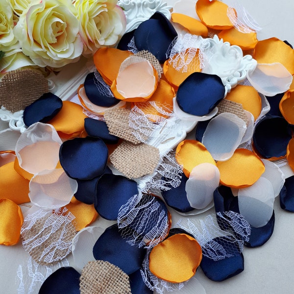 Orange Flower Petals, Navy Blue Rose Petals, Lace, Burlap, Tulle Rose Petals Wedding Decorations Flower Girl Petals Petal Toss Party Decor