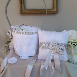 White Lace & Silver Ribbom Flower With Rhinestones Ring Bearer Pillow White Wedding Basket With Lace, Flowers and Rhinestones