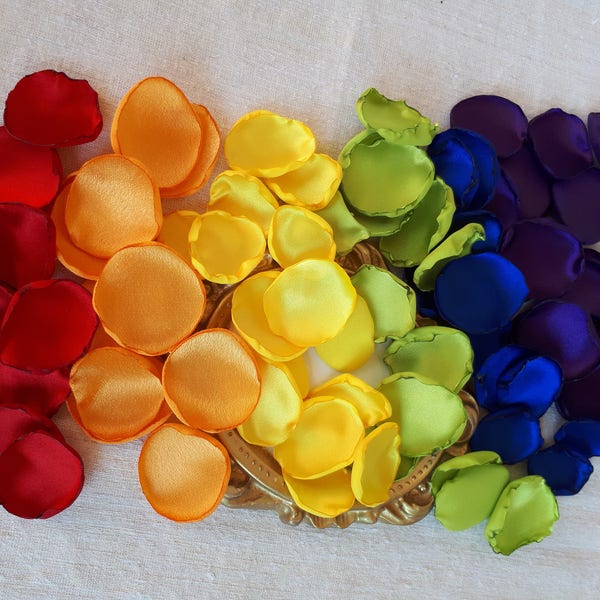 Arcobaleno rosso, arancione, giallo, verde kiwi, blu e viola Petali di rosa satinati Festa a tema arcobaleno Decorazione arcobaleno Lancia petali Addio al nubilato